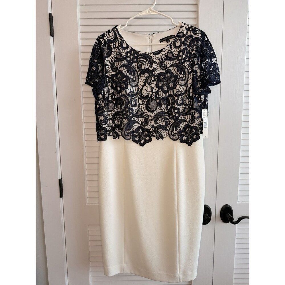 Preston & York Lace Overlay Sheath Dress Navy Cream Women’s Size 14 NWT